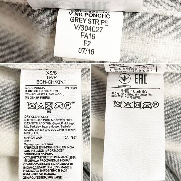 GAP Boho Fringed Poncho Cream & Gray Striped Wool Blend Oversized Size XS/S | OS - Picture 14 of 15